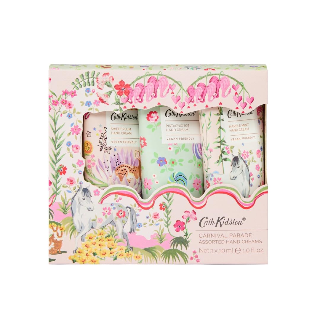 Cath Kidston Carnival Parade Hand Cream Trio |Vegan & Shea Butter Hand Creams |Sweet Plum | Pistachio Ice | Marble Mint |Travel Set | Gift Set | 3x30ml