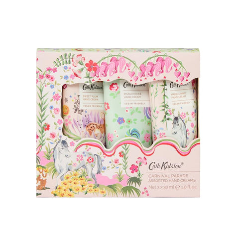 Cath Kidston Carnival Parade Hand Cream Trio |Vegan & Shea Butter Hand Creams |Sweet Plum | Pistachio Ice | Marble Mint |Travel Set | Gift Set | 3x30ml