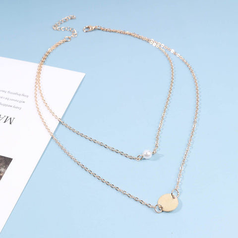 Yheakne Boho Layered Pearl Necklace Choker Gold Coin Disc Necklace Tiny Pearl Pendant Necklace Chain Vintage Layering Round Circle Necklace Jewelry for Women and Girls