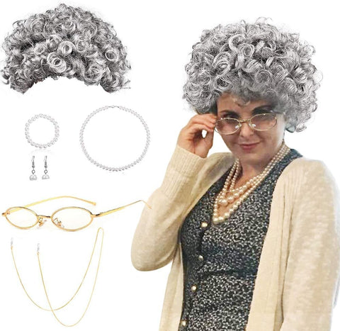 BIQIQI Grandma Wig Grey Old Lady Costume Set Women's Grandmother Cosplay Accessories with Curls Grandma Wig, Madea Glasses, Glasses Chains Drawstring Straps, Pearl Jewellery Grandma Fancy Dress