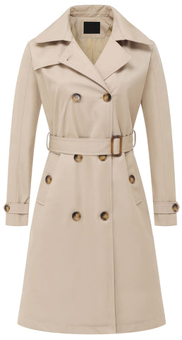 Chrisuno Womens Long Trench Coat Waterproof Winter Coats for Women Classic Lapel Mid Length Stylish Utility Peacoat Khaki XL