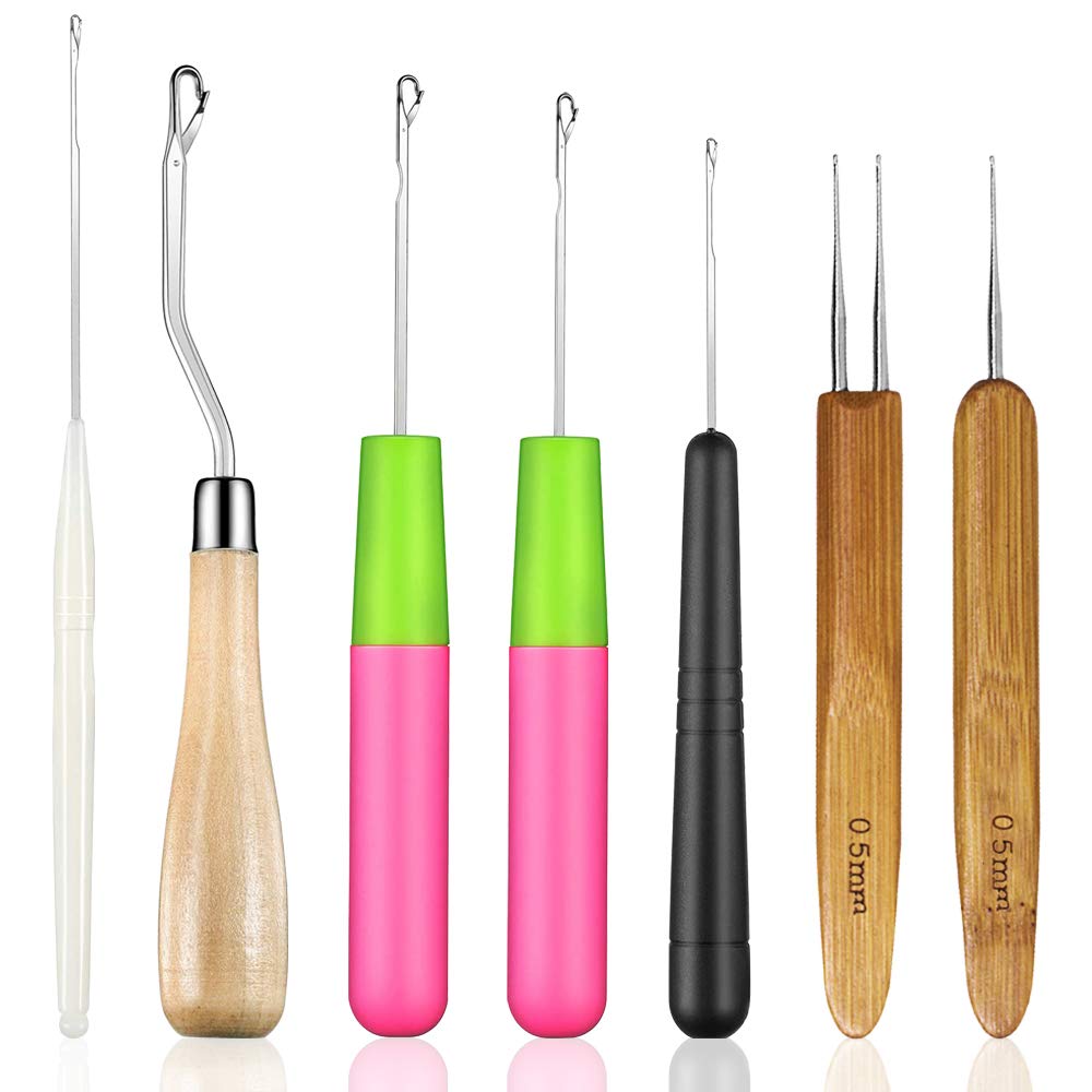 7 Pcs Bent Latch Hook Crochet Needle,YuCool Dreadlocks Tool 0.5mm 0.75mm Hair Locking Tool for Hair Braid Craft and Carpet Making