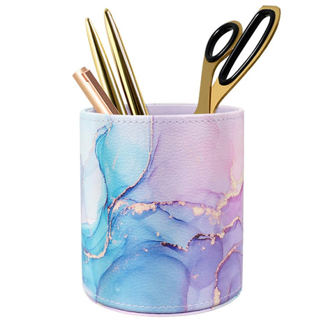 WAVEYU Cute Desk Cup for Pens, Pencil Holder Cup, Makeup Brush Holder Large Pu Leather, Multi-Functional Organizer for School College Office, for Teens Adults Student, Pink Blue Marble