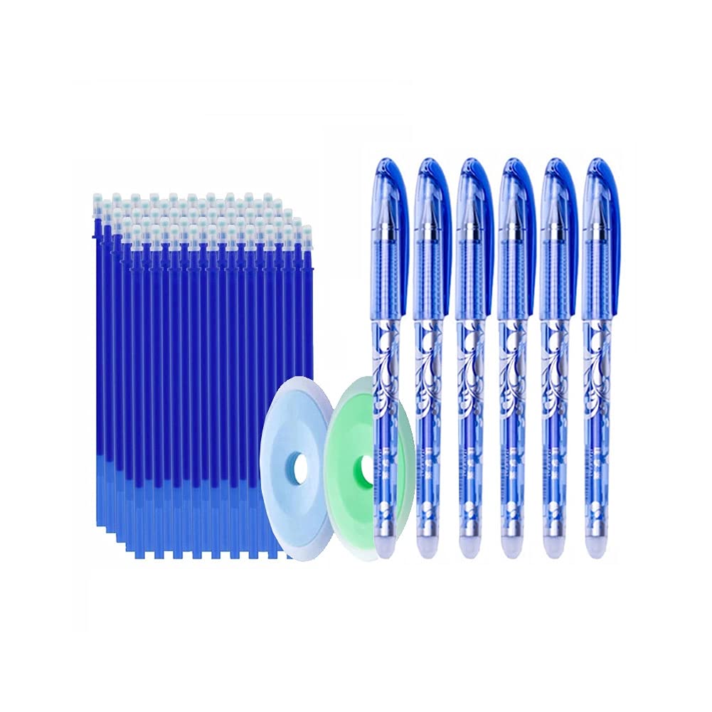 MROOFUL 50pcs/lot Friction Erasable Gel Pen Refills Set Needle 0.5mm Blue Ink 6 Pens & 50 Refills & 2 Eraser Value Set School Office Supplies
