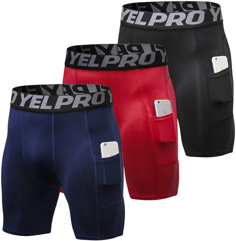 Yuerlian Compression Shorts Men with Pocket Spandex Sport Shorts Athletic Workout Running Performance Baselayer Underwear 3 Packs