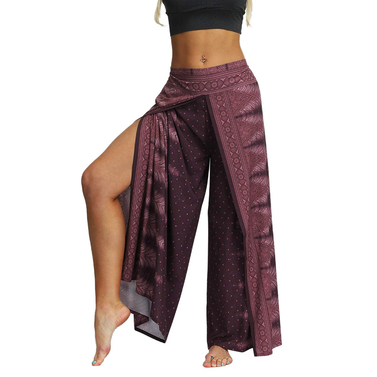 Women's Boho Pants Split Wide Leg High Waist Yoga Bohemia Hippie Pants - - S/M