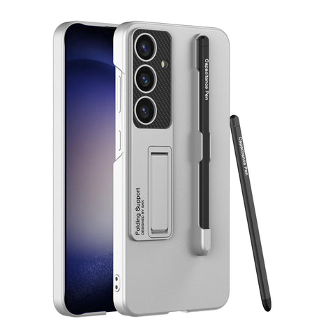 XIMAND for Samsung Galaxy S24 Plus Case with Pen and Adjustable Kickstand,Anti-Shock,Support Wireless Charging Slim Texture Case.(Sliver)