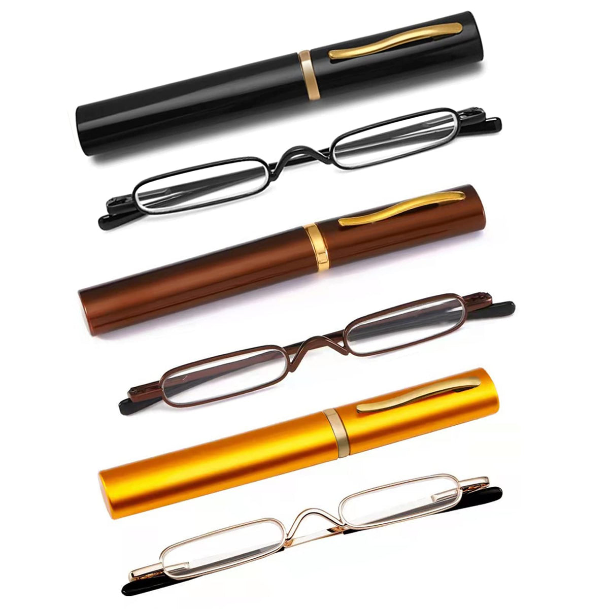 OWTXIS 3 Pack Mini Slim Pen Reading Glasses - Compact Readers with Pen Clip Case Spring Hinge Metal Frame Eyeglasses (Black, Brown, Gold, +2.00)