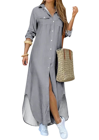 OMZIN Women Shirt V Neck Dress Casual Button Up Loose Maxi Long Sleeve Dresses Grey XL