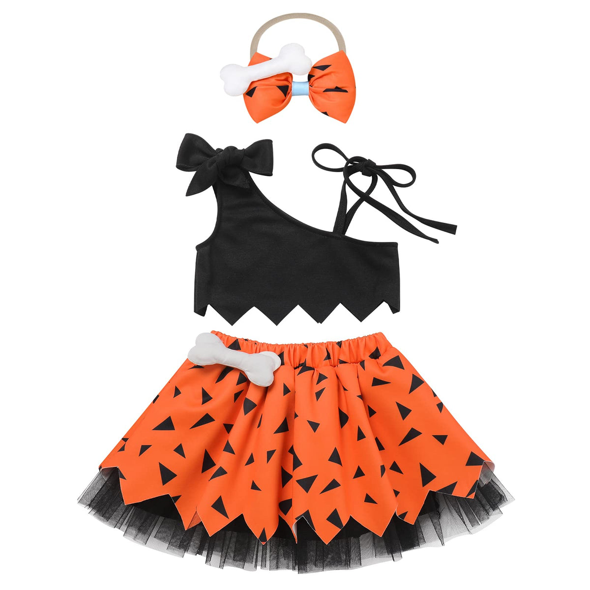 Baby Girls Toddlers Caveman Prehistoric Cavegirl Stone Age Halloween Carnival Fancy Dress Birthday Outfits Cami Top Skirt Headband Cake Smash Photo Shoot Outfits Black+Orange 18-24 Months