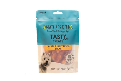 Natures Deli Chicken and Sweet Potato Sticks Dog Treats, Grain Free Low Fat Bite-size Treats for Dogs, High Protein Dog Chew - 100 g