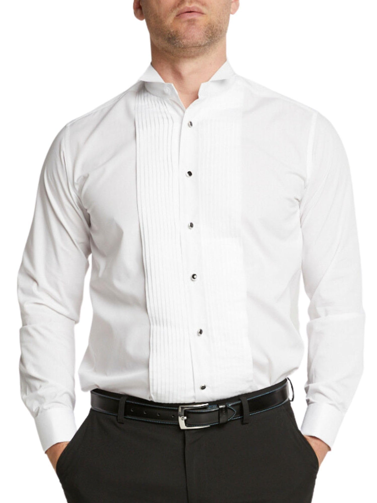 Men's White Dress Shirt Stitch Pleat Front Formal Double Cuff Wing Collar Tuxedo Shirt (as8, Neck, 15_Point_5, Regular, Regular)