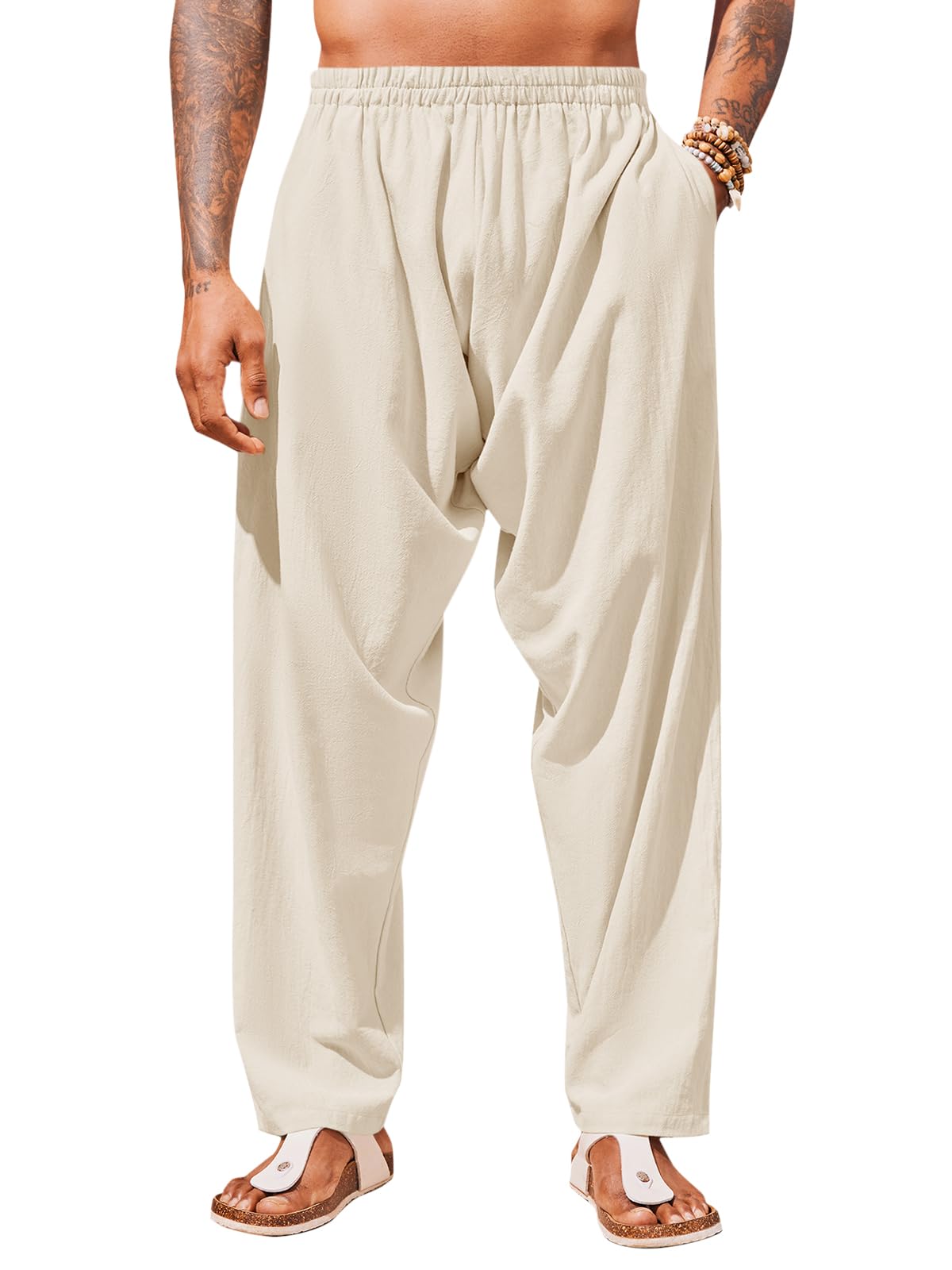 Runcati Mens Cotton Linen Pants Casual Baggy Elastic Waist Trousers Beach Yoga Hippie Pants Light Beige