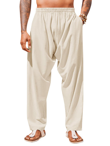 Runcati Mens Cotton Linen Pants Casual Baggy Elastic Waist Trousers Beach Yoga Hippie Pants Light Beige