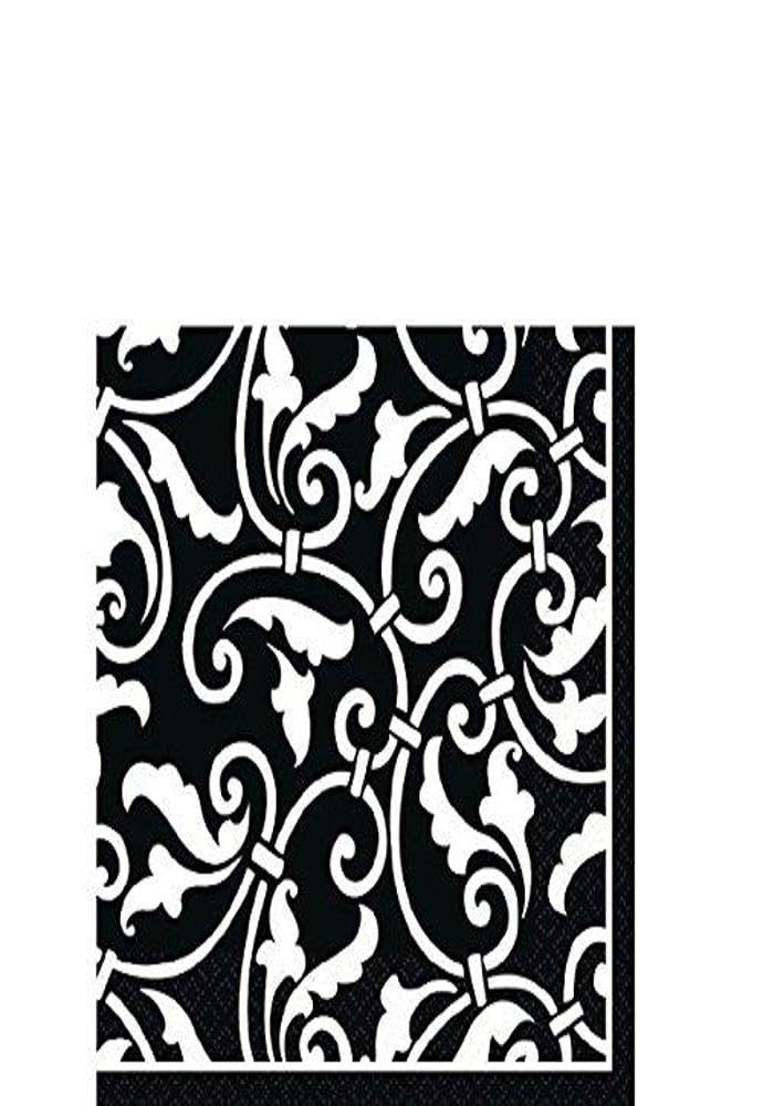 Highly Absorbent Ornamental Scroll Beverage Napkins Party Supply (16 Pack), 5 x 5", Black/White
