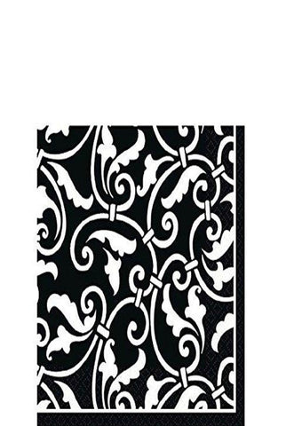 Highly Absorbent Ornamental Scroll Beverage Napkins Party Supply (16 Pack), 5 x 5", Black/White