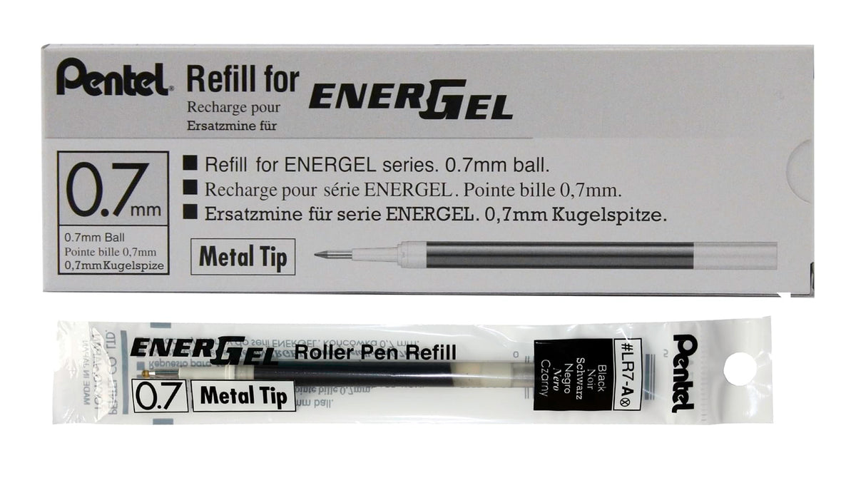 Box of 12 x PENTEL Energel 0.7mm Refill Metal Tip LR7 - Fits Energel Xm, BL77/BL57/BL37 - Black Ink
