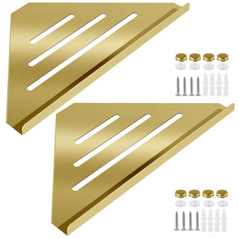 2 Pcs 304 Stainless Steel Corner Shelf with Screws, Triangle Shower Caddy, Wall Mount Soap Holder for Bathroom, Kitchen Organization (Polished Gold)