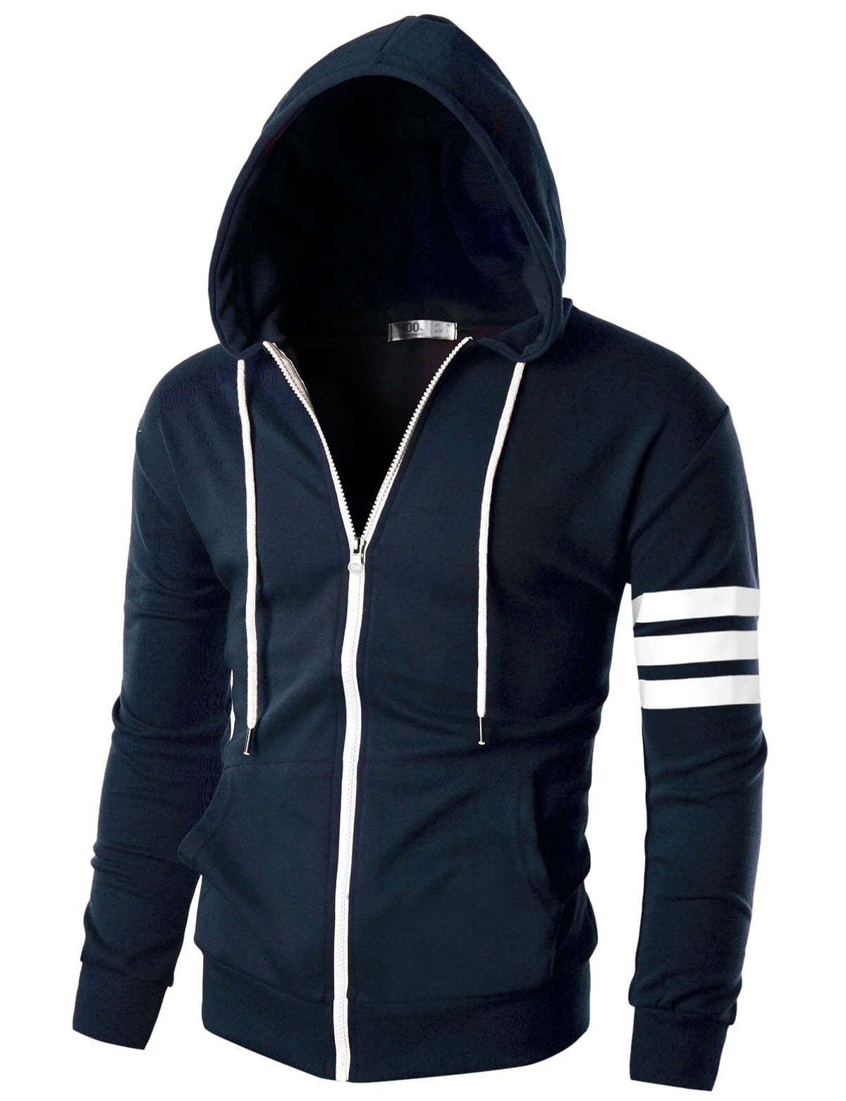 Ohoo Mens Slim Fit Lightweight Pinstripe Zip Up Hoodie with Pockets Long Sleeve Full-Zip Hooded Sweatshirt, Dcf250-navy, L