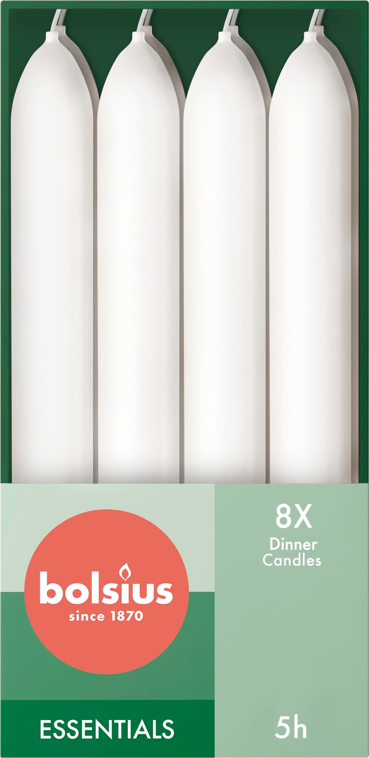 Bolsius Tapered Dinner Candles - White - Pack of 8 in - 17 cm - Long Burning Time of 5 Hours - Unscented - Natural Vegan Wax - Drip-Free - Without Palm Oil
