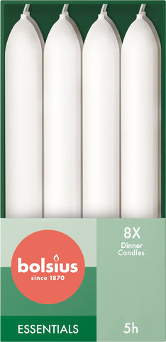 Bolsius Tapered Dinner Candles - White - Pack of 8 in - 17 cm - Long Burning Time of 5 Hours - Unscented - Natural Vegan Wax - Drip-Free - Without Palm Oil