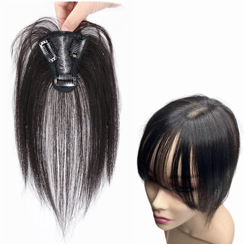 Anemone Fringe Human Hair Toppers Clip In Lace Base Hairpieces For Women Mid Part Straight 3D Hair Bangs Cover Grey Hair Loss (Black)