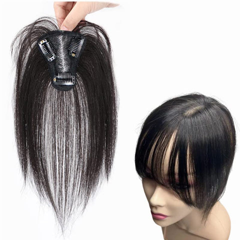 Anemone Fringe Human Hair Toppers Clip In Lace Base Hairpieces For Women Mid Part Straight 3D Hair Bangs Cover Grey Hair Loss (Black)