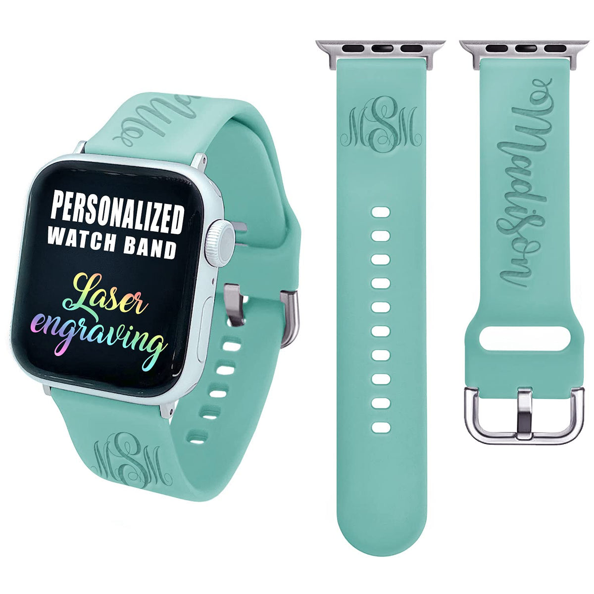 Custom Personalized Bands Compatible with Apple Watch 38mm 40mm 42mm 44mm, Name Monogram Laser Engraved Gift Soft Silicone Sport Loop Replacement Wrist Strap for iWatch Series SE/6/5/4/3/2/1