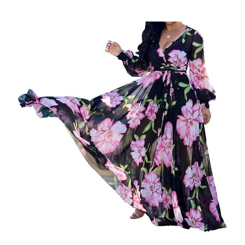 Dora's Womens Chiffon Deep V-Neck Printed Floral Maxi Dress Unique Loose Summer Boho Dresses High Waisted (Black XXL)