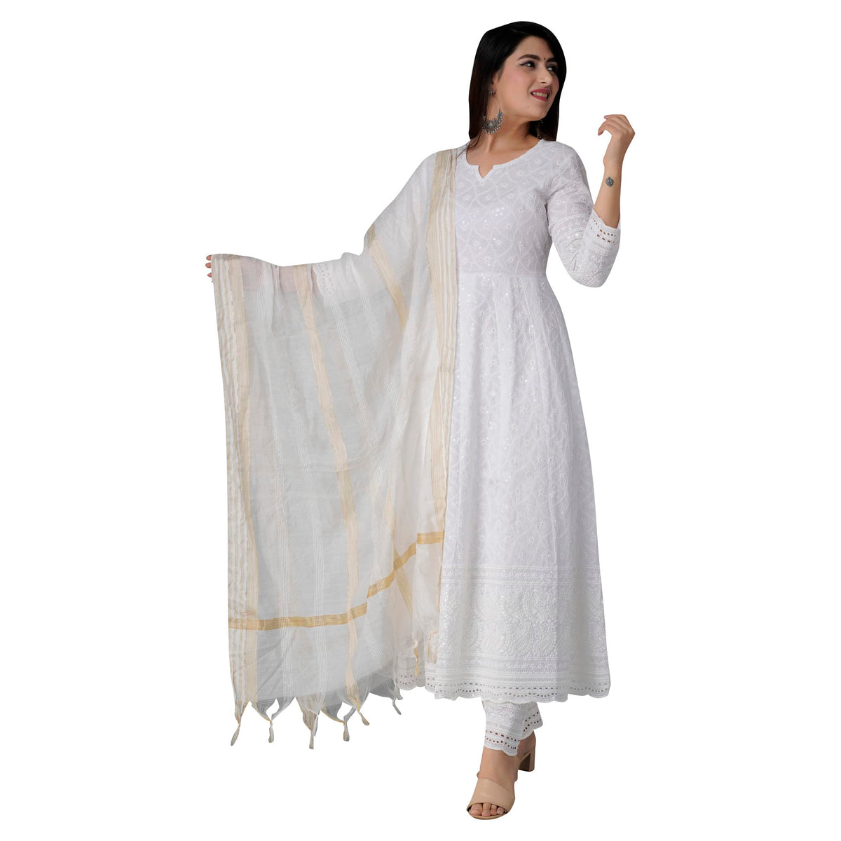 JG JAI GOVINDAM Chikankari Cotton Anarkali Indian Kurti For Women Summer Dress Kurta Pant With Dupatta Set Pakistani Long Kurta-(3XL) White