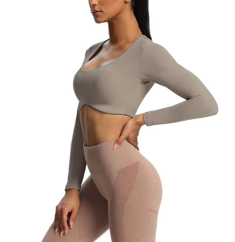 Aoxjox Long Sleeve Crop Tops for Women Define Sculpt Workout Crop T Shirt Top (Driftwood, Medium)