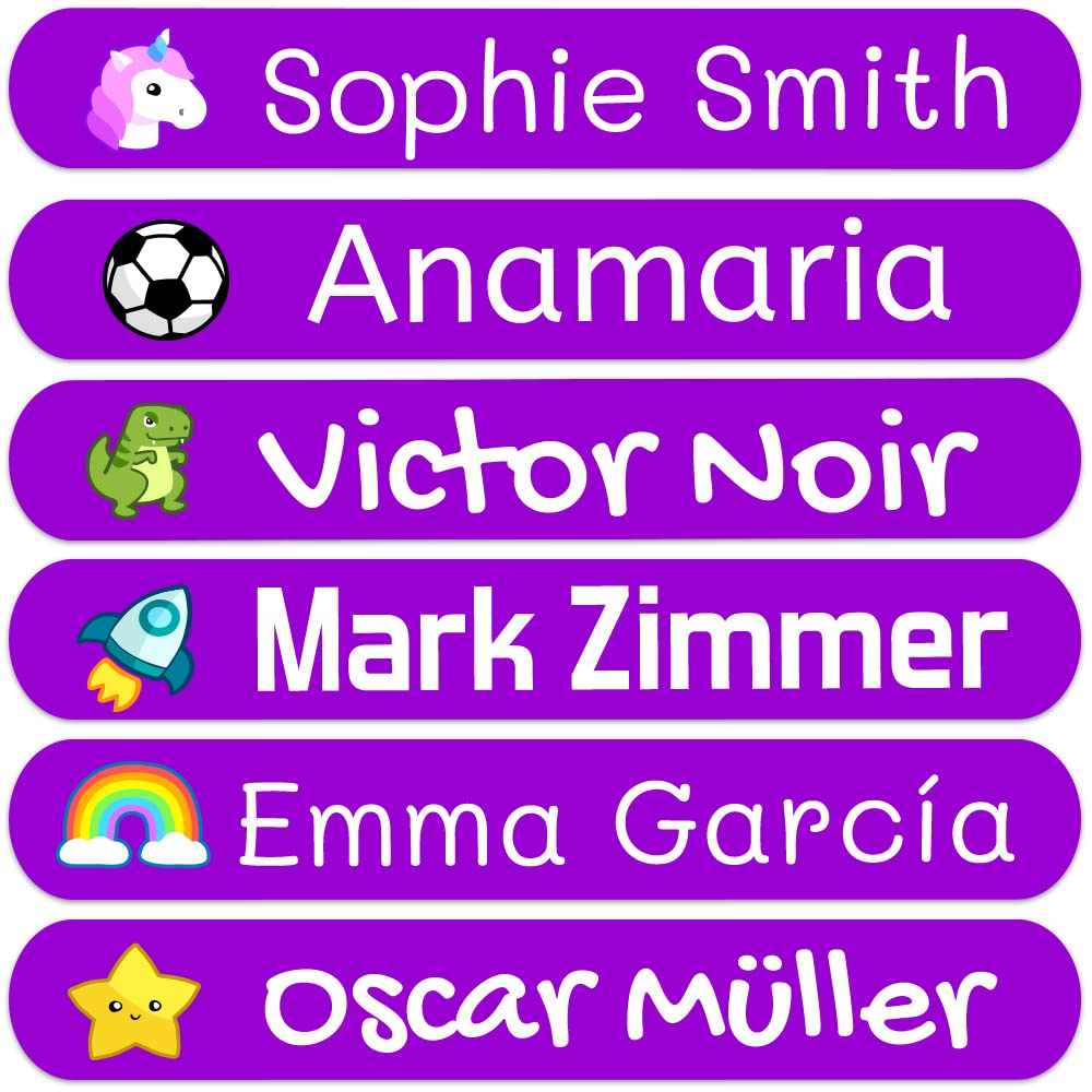 50 Purple Custom Stickers with Name to Mark Objects. Adhesive Waterproof Labels for Kids to tag Their Books, Toys, School Stationery, Lunch Boxes and Much More. Size 2.3 x 0.4 in