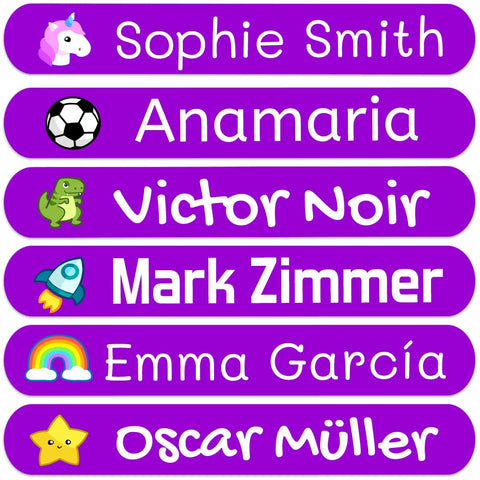 50 Purple Custom Stickers with Name to Mark Objects. Adhesive Waterproof Labels for Kids to tag Their Books, Toys, School Stationery, Lunch Boxes and Much More. Size 2.3 x 0.4 in