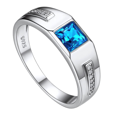 Suplight 925 Sterling Silver Signet Rings 7.3mm Blue Topaz Cubic Zirconia Promise Rings Wedding Band for Men Size 9