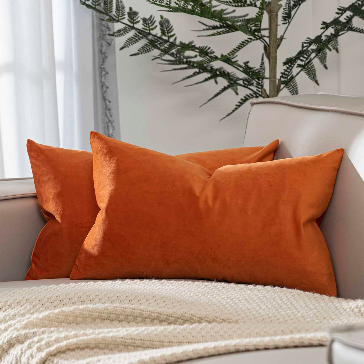JUSPURBET Burnt Orange Halloween Lumbar Velvet Throw Pillow Covers 12x20 inch Set of 2 for Living Room Couch Sofa Bedroom Decorative Soft Cushion Cases with Invisible Zipper
