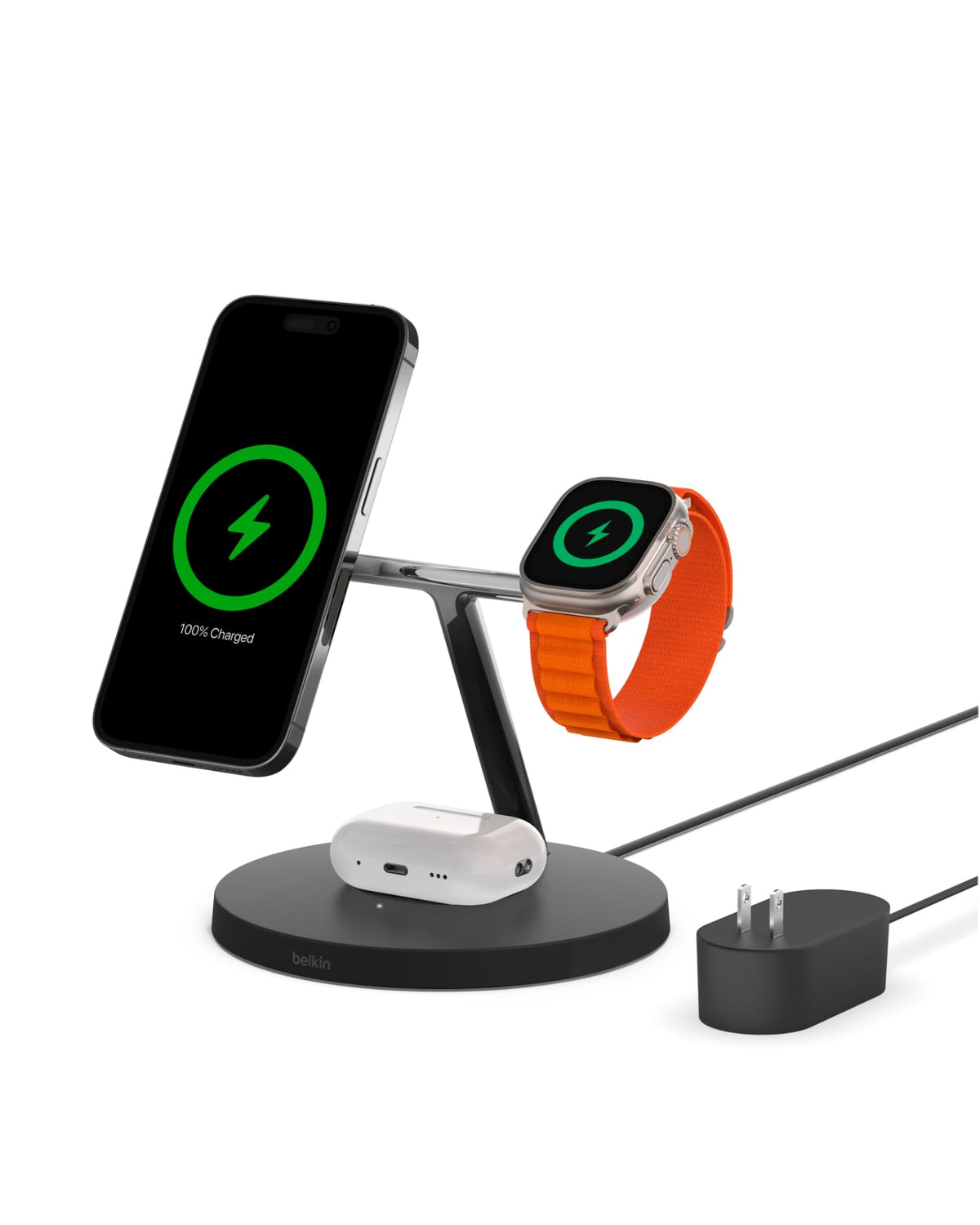 Belkin MagSafe Charger, 3-in-1 Wireless Charging Stand, 2ND GEN, 33% Faster for Apple Watch, iPhone 16, iPhone 15, iPhone 14 Series, AirPods - MagSafe Charging Station for Multiple Devices - Black