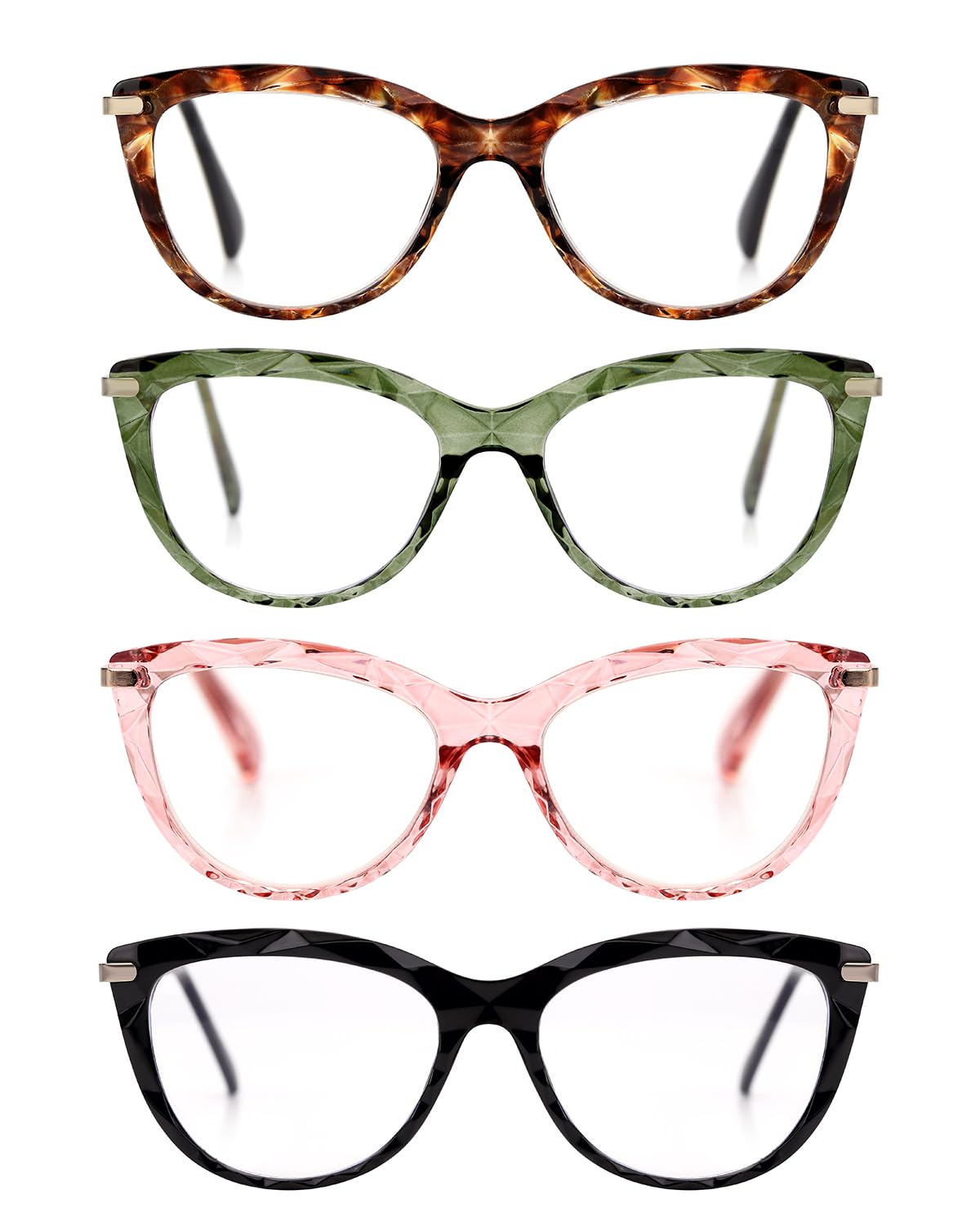 TERAISE 4Pack Cat Eye Reading Glasses for Women,Trendy Designer Unique Glasses Frame Pattern,Fashion Oversized Ladies Readers with Spring Hinges(2.0X)
