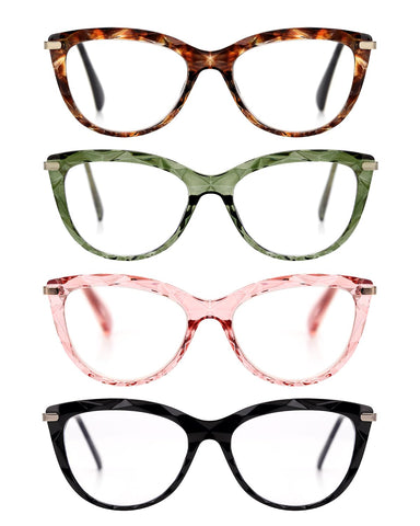 TERAISE 4Pack Cat Eye Reading Glasses for Women,Trendy Designer Unique Glasses Frame Pattern,Fashion Oversized Ladies Readers with Spring Hinges(2.0X)