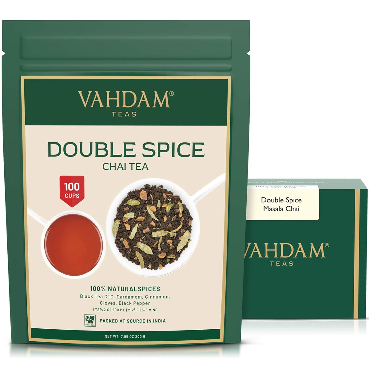 VAHDAM, Double Spice Masala Chai Tea 200g (100+ Cups) Strong, Robust & Spicy Blend - Black Tea, Cardamom, Cinnamon, Cloves & Black Pepper | Pure Unblended Loose Leaf Tea | Vacuum Sealed