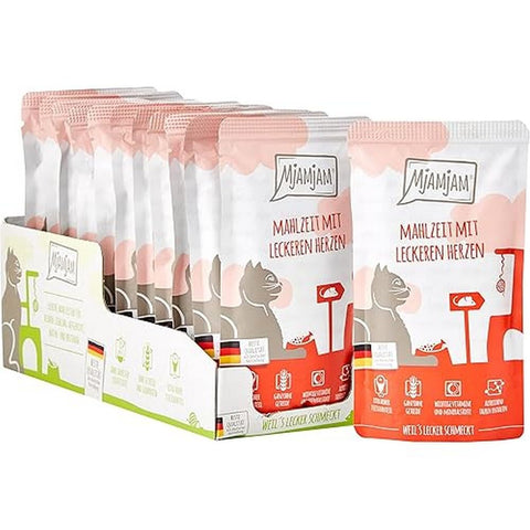 MjAMjAM - premium wet food for cats - Quetschie - meal with delicious hearts, pack of 12 (12 x 125 g), grain-free with extra meat