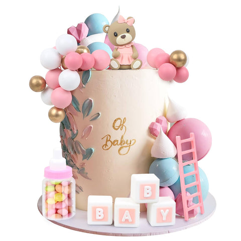 LARDUX Pack of 24 Baby Shower Cake Decorations, Teddy Bear Cake Decoration, DIY Cake Baubles Decoration for Baby Boy Girl Birthday Party Bear Baby Shower Cake Decoration - Pink