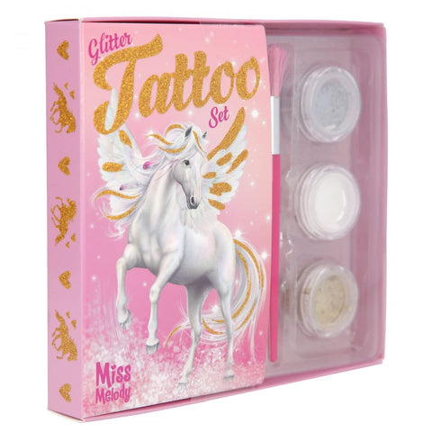 Depesche 12032 Miss Melody Set for Children with 38 Adhesive Tattoos, 1 Brush and 3 Glitter Powders in Silver, White and Gold, Multicoloured