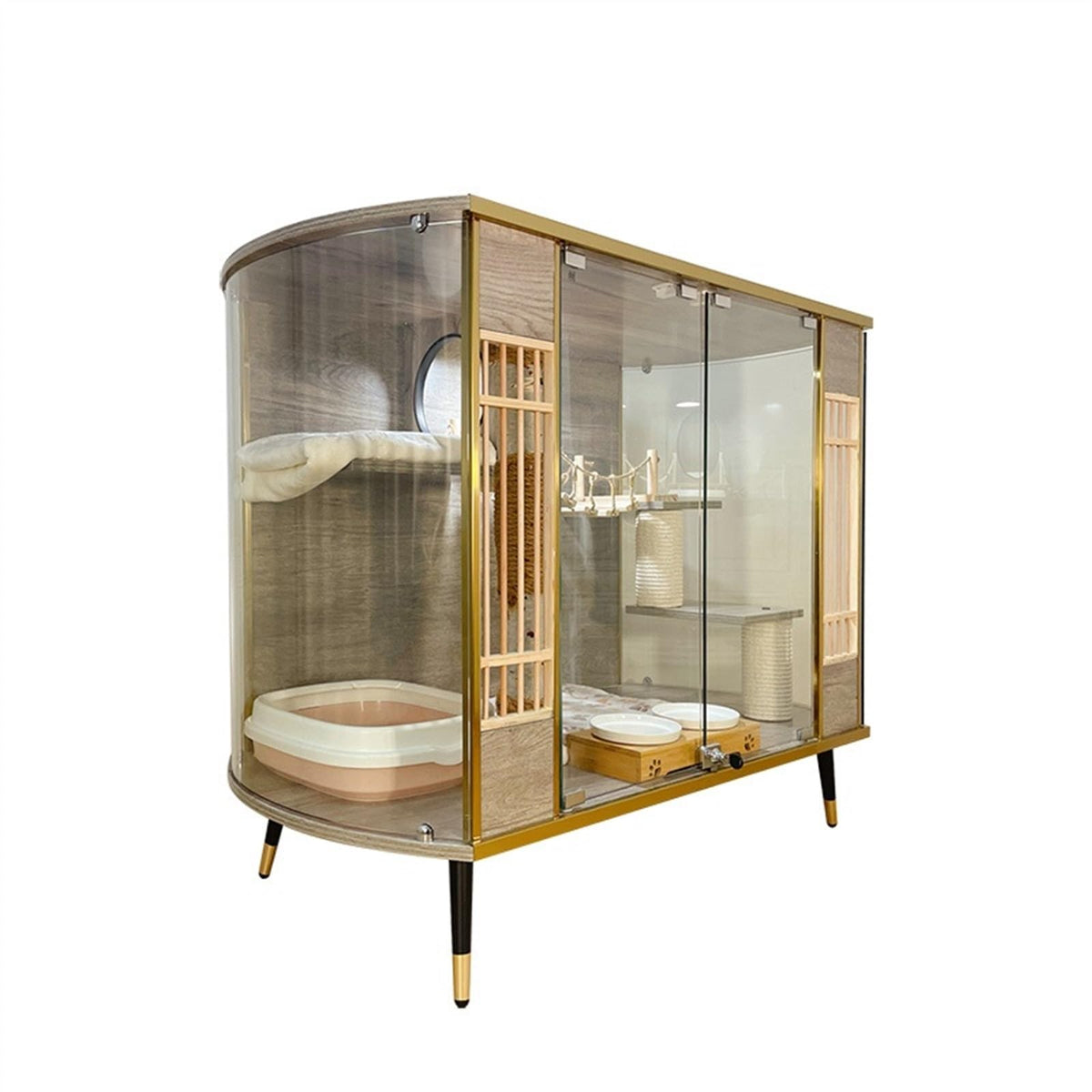 GLigeT Cat Enclosures Cat Curved Panoramic Cat Villa Glass Transparent Luxury Wood Cat Cabinet Cat House Cat Cafe Cat Nest Cage Cat Cage