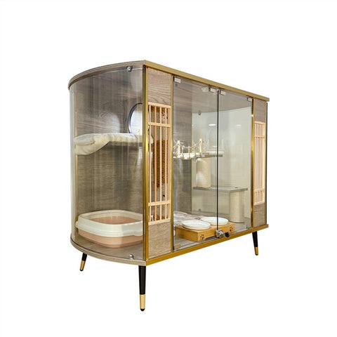 GLigeT Cat Enclosures Cat Curved Panoramic Cat Villa Glass Transparent Luxury Wood Cat Cabinet Cat House Cat Cafe Cat Nest Cage Cat Cage