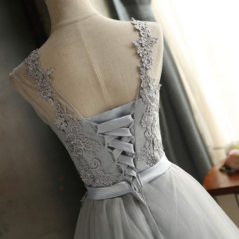 Lace Bridesmaid Party Dress Short Prom Dress Evening Dress Slim Bridesmaid Dress Soft Wedding Pageant Dresses (Grey, Size M) for Party Favors