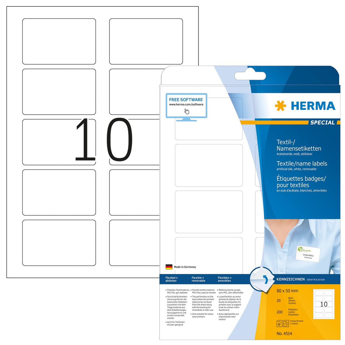 HERMA Self Adhesive Clothing Labels, 10 Labels per A4 Sheet, 20 Sheets, 80 x 50 mm, 200 Labels, Blank Removable Name Labels Stickers, Sticky Textile Labels for Laser & Inkjet Printer, White