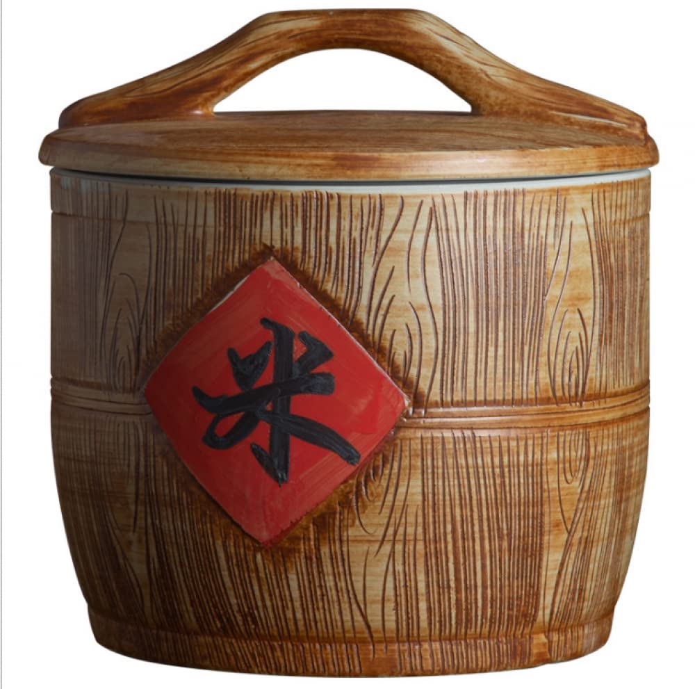 FBWSM Retro Ceramic Rice Cylinder Grain Storage Container Grain Distributor Household Rice Bucket with Lid-5kg