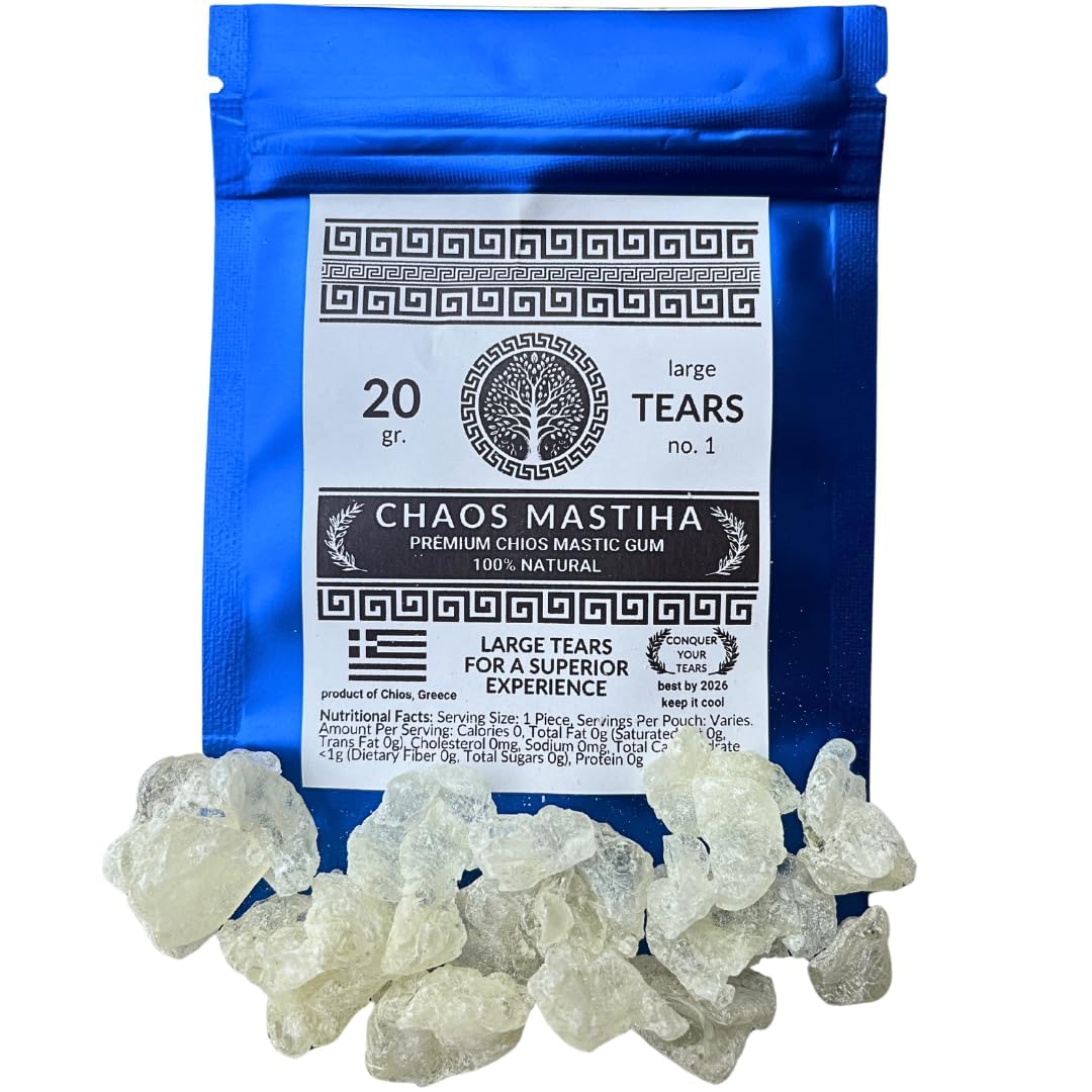 Pure Chios Mastiha Mastic Greek Chewing Gum, 20g - Chaos Mastiha Large Tears for Jaw Strength - Natural, Calorie-Free Discreet Alternative to Jaw Exercise Devices