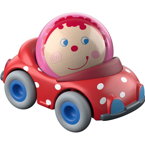 HABA Kullerbu Pauline's Convertible Ball Car - Red Polka Dot Vehicle with Cheerful Wooden Ball Driver - Can be Enjoyed with or without The Kullerbu Track System - Ages 2+