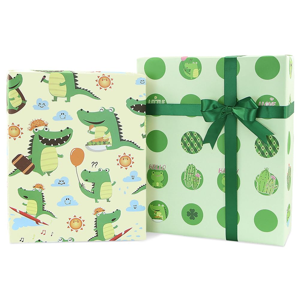 Green Gift Wrapping Paper For Kids Girls Boys, Happy Crocodile Cactus Clover Lovely Frog Gift Wrap Paper for Birthday Baby Shower Holiday, 6 Sheets With A Roll of Green Ribbon